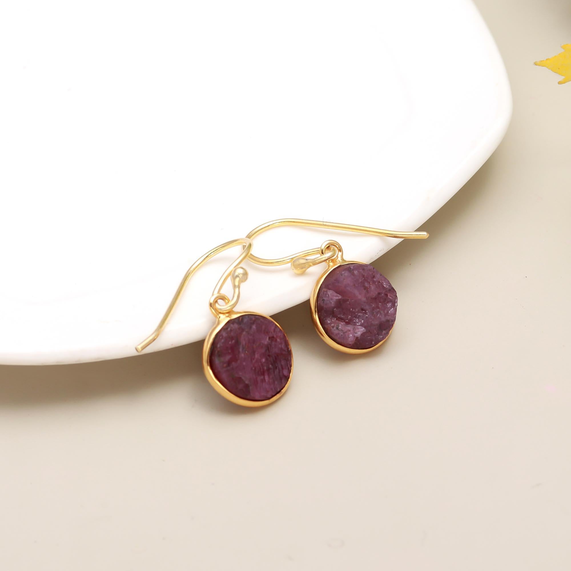 Sea Droplets | Natural raw rough ruby | Hook earrings | 18KT gold plated