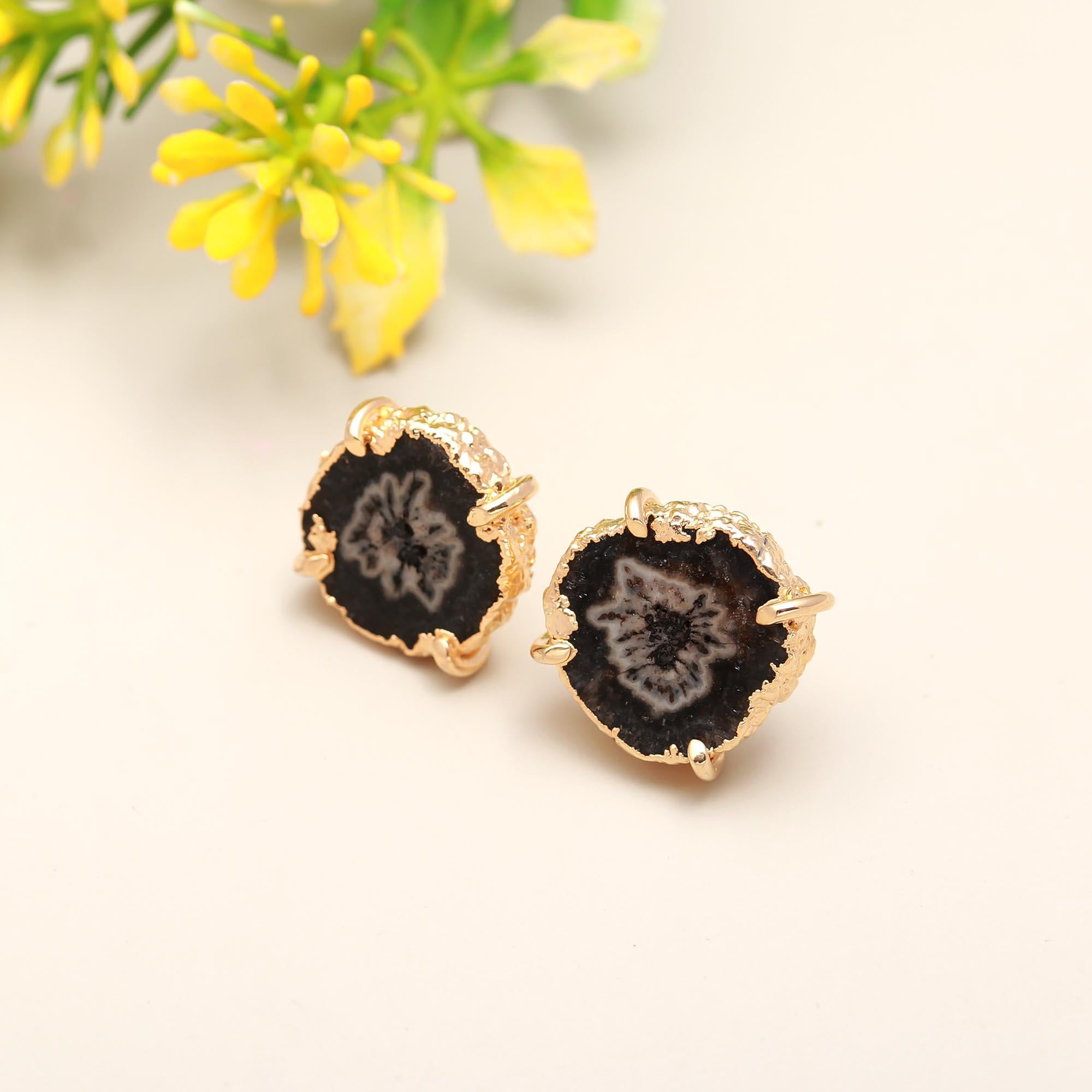 Moonlit Beam | Natural solar quartz handmade stud earrings | 18KT gold plated