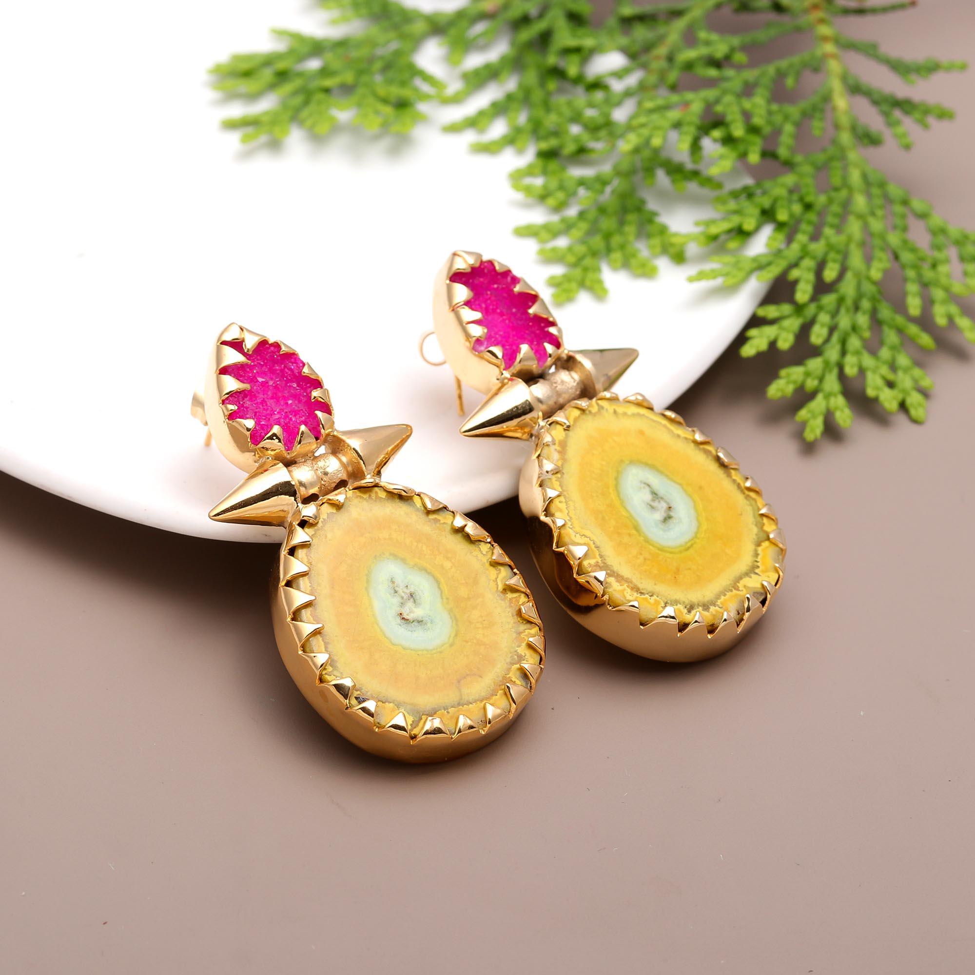 Dazzling gems | Sugar druzy & solar quartz designer handmade earring | 18KT gold plated