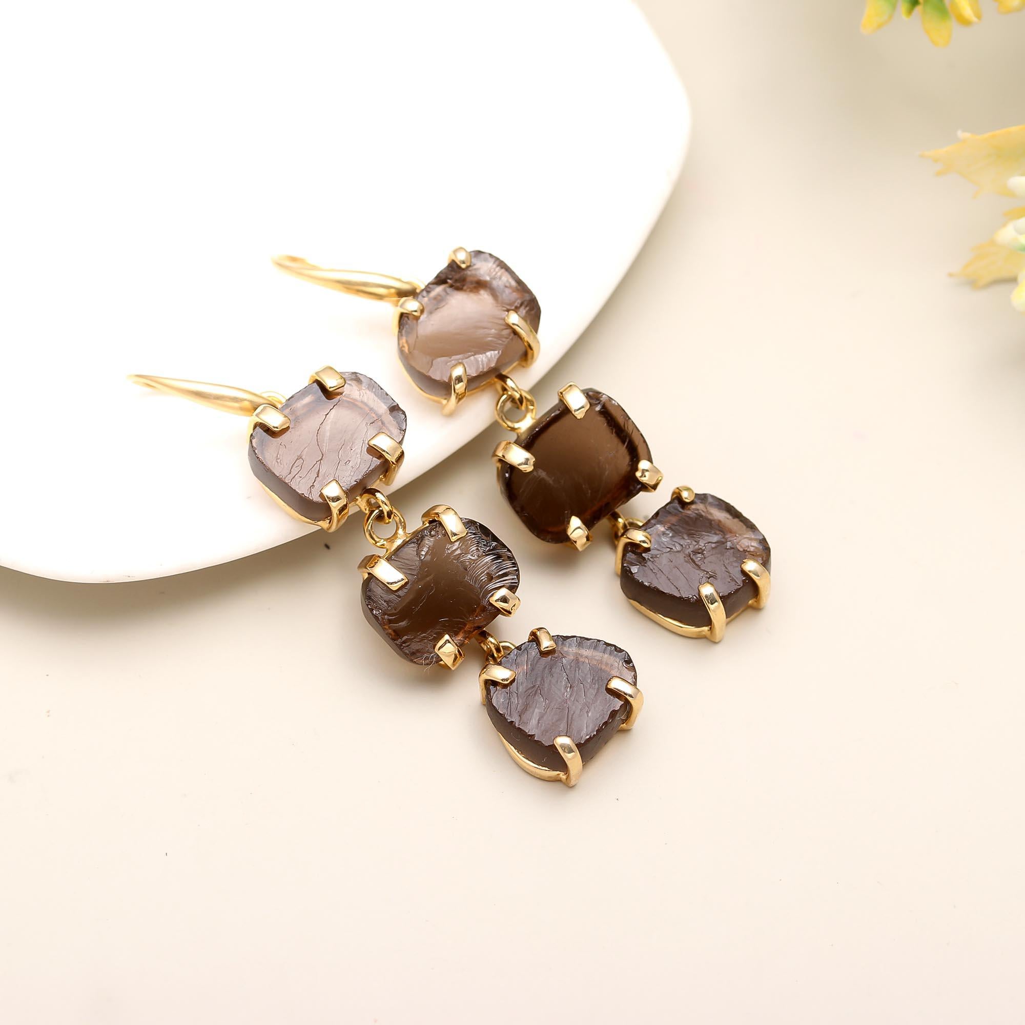 Timeless Charm | Long triple drop gemstone hook earring | 18KT gold plated