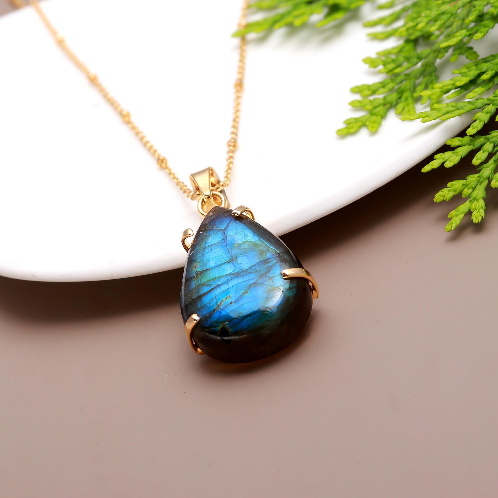 Timeless Titanic | Labradorite real gemstone statement pandent with chain | 18KT gold plated