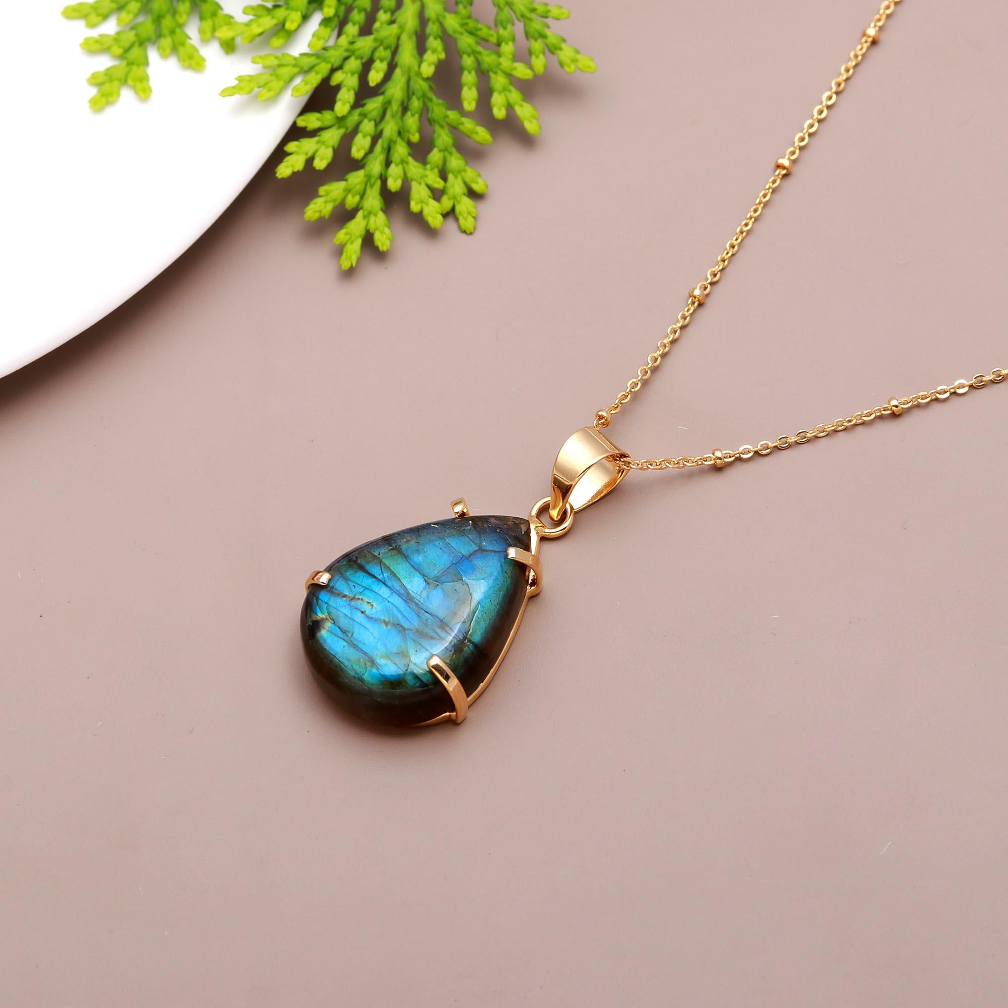 Timeless Titanic | Labradorite real gemstone statement pandent with chain | 18KT gold plated