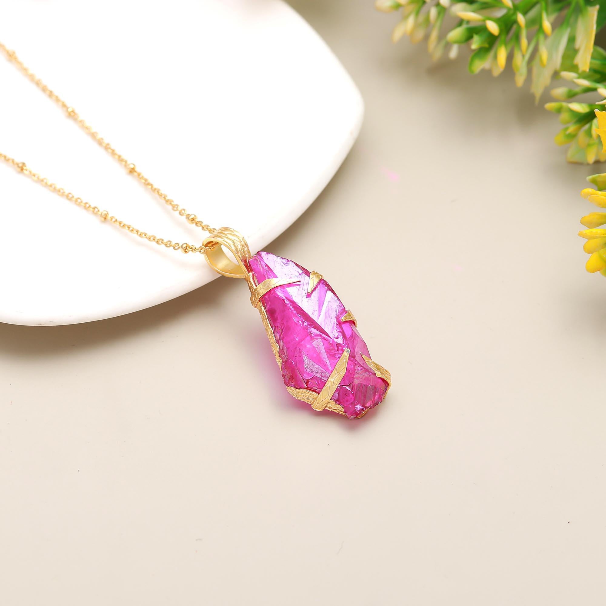 Sparkling Treasure | Natural raw aura quartz statement pendant with chain | 18KT gold plated