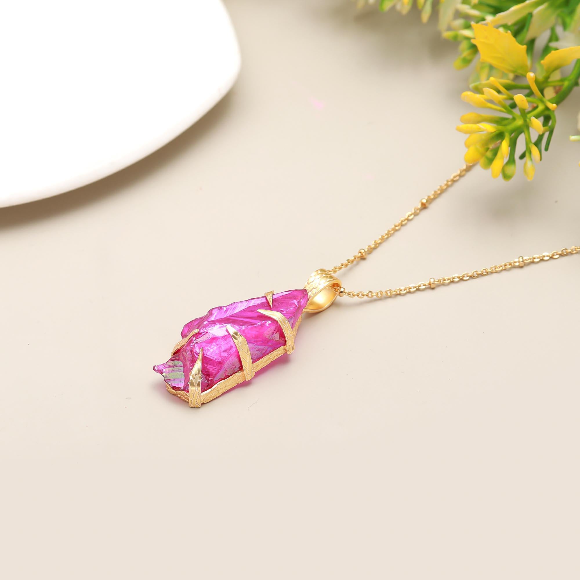 Sparkling Treasure | Natural raw aura quartz statement pendant with chain | 18KT gold plated