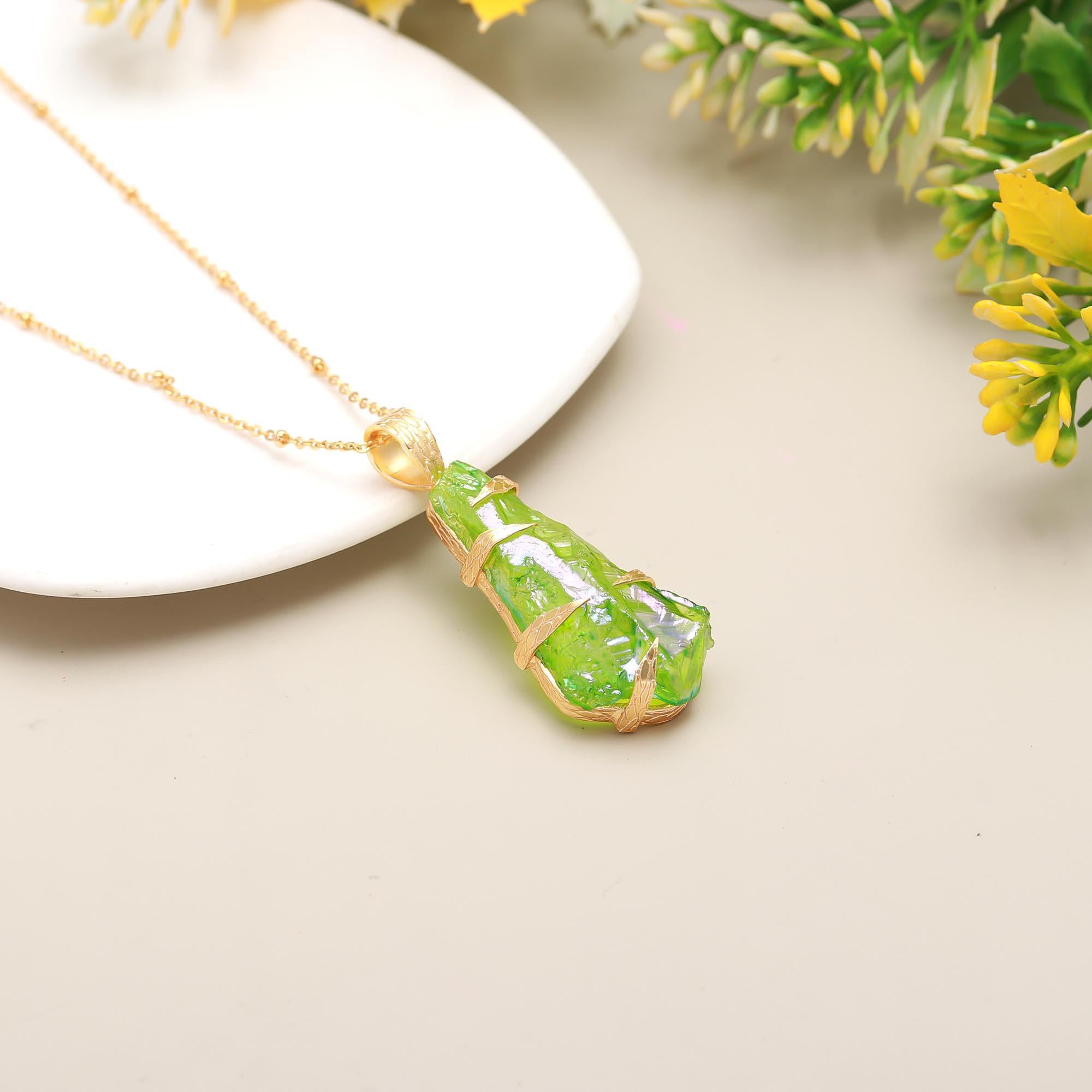 Sparkling Treasure | Natural raw aura quartz statement pendant with chain | 18KT gold plated