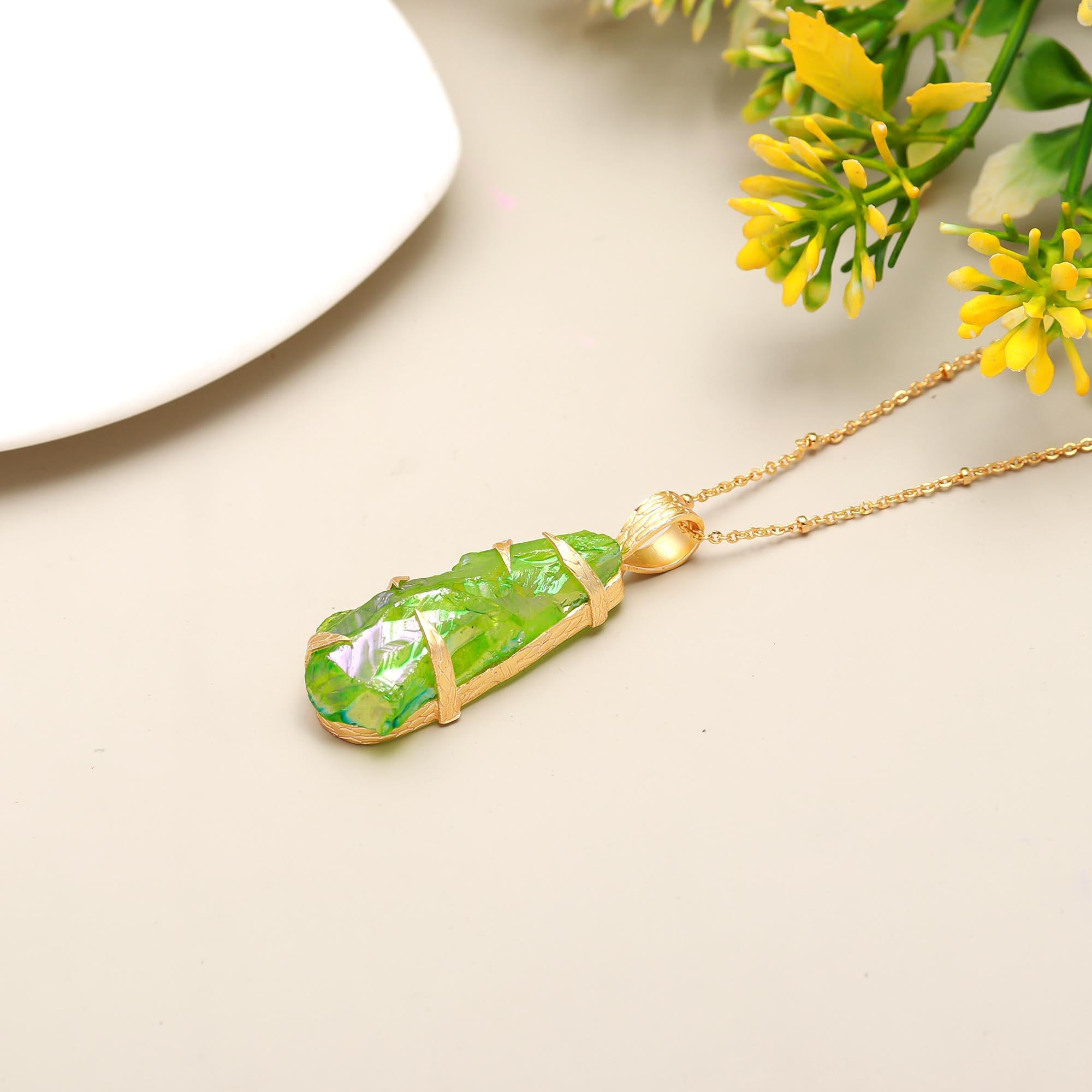 Sparkling Treasure | Natural raw aura quartz statement pendant with chain | 18KT gold plated