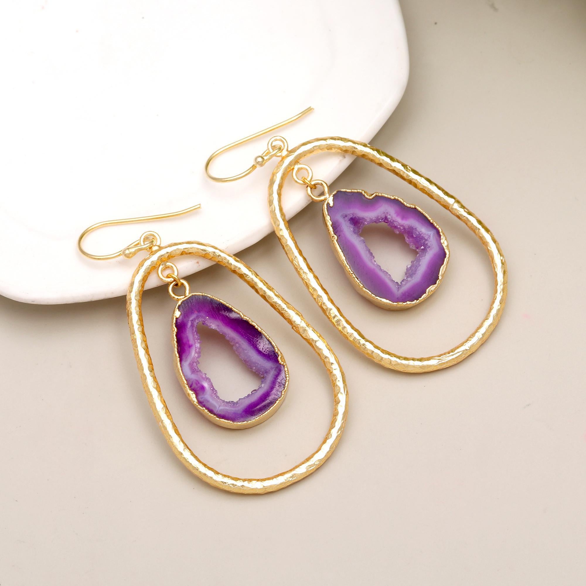 Elusive Mirage | Natural geode agate slice druzy dangle earrings | 18KT gold plated