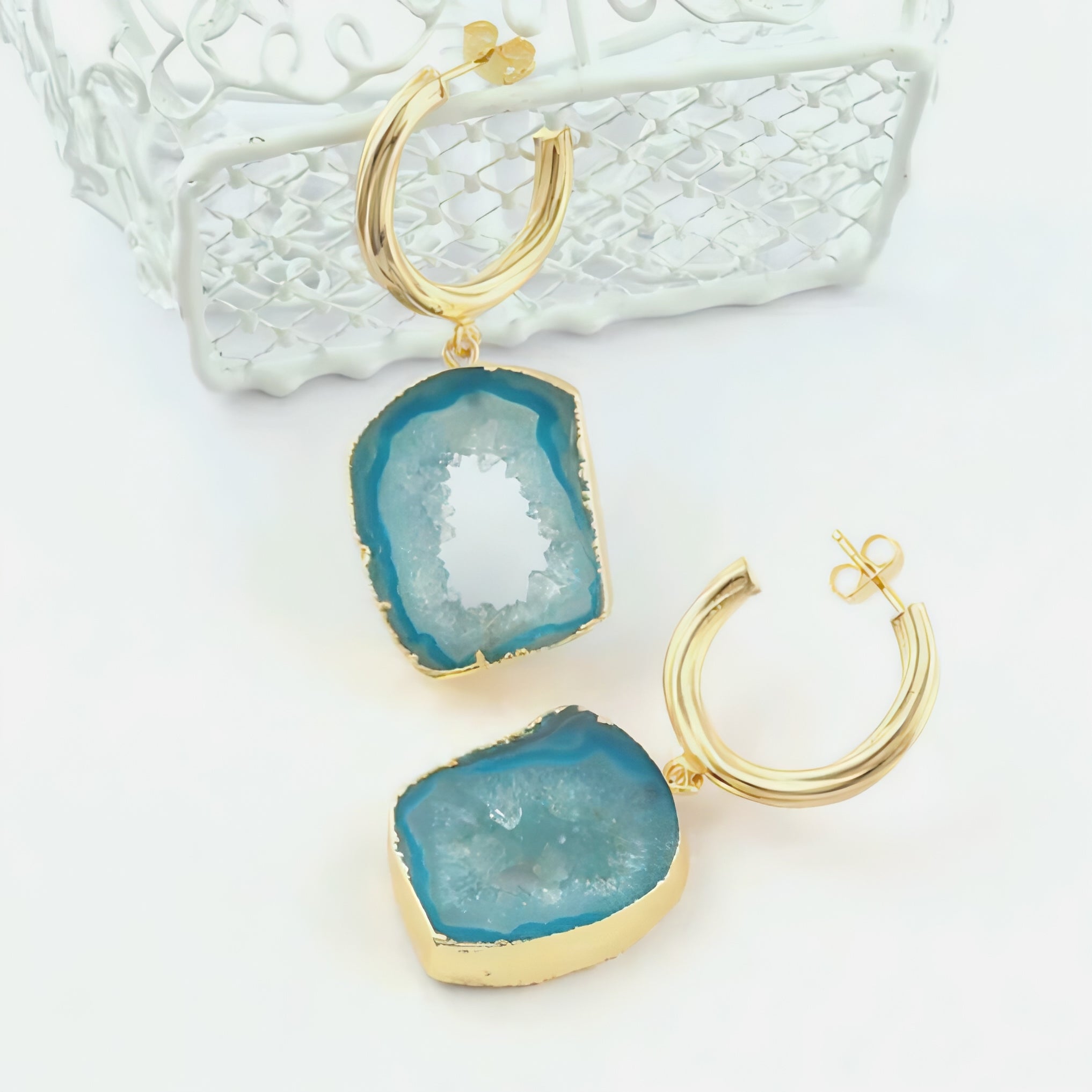 Aurora Hoops | Geode Slice Druzy Designer Earings | 18 KT Gold Plated