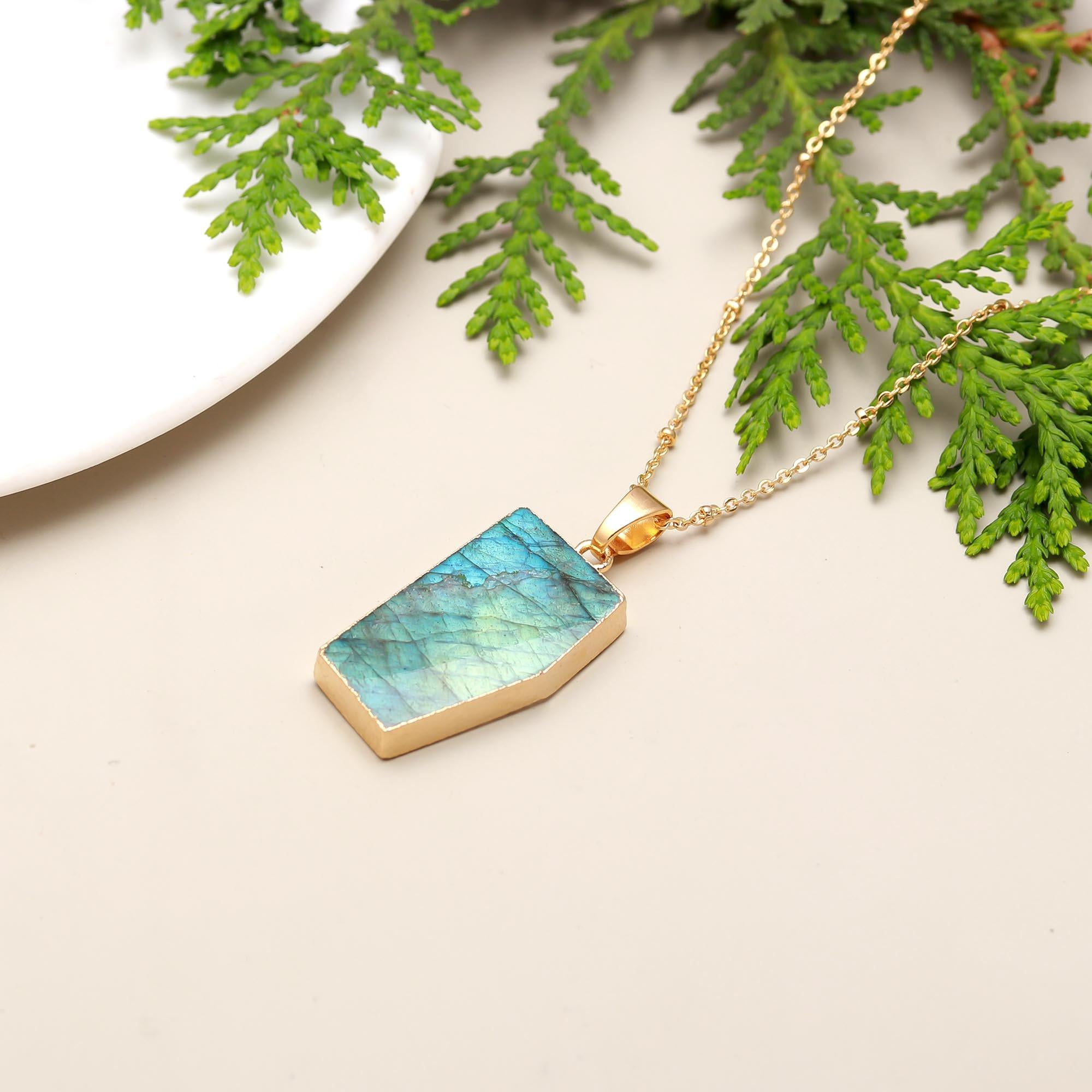 Fire labradorite | Solitaire slab irregular shape pendant with chain | 18KT gold plated