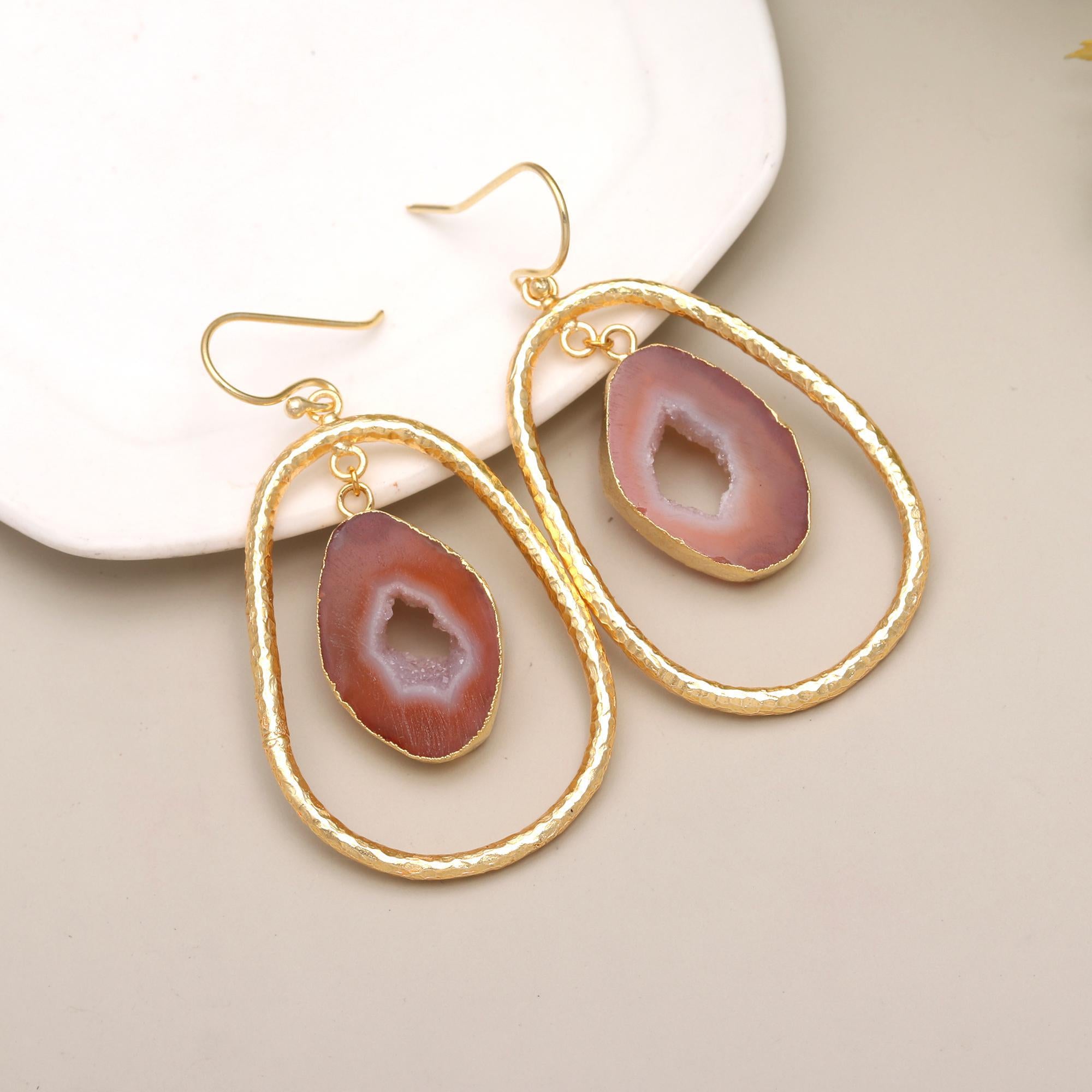 Elusive Mirage | Natural geode agate slice druzy dangle earrings | 18KT gold plated