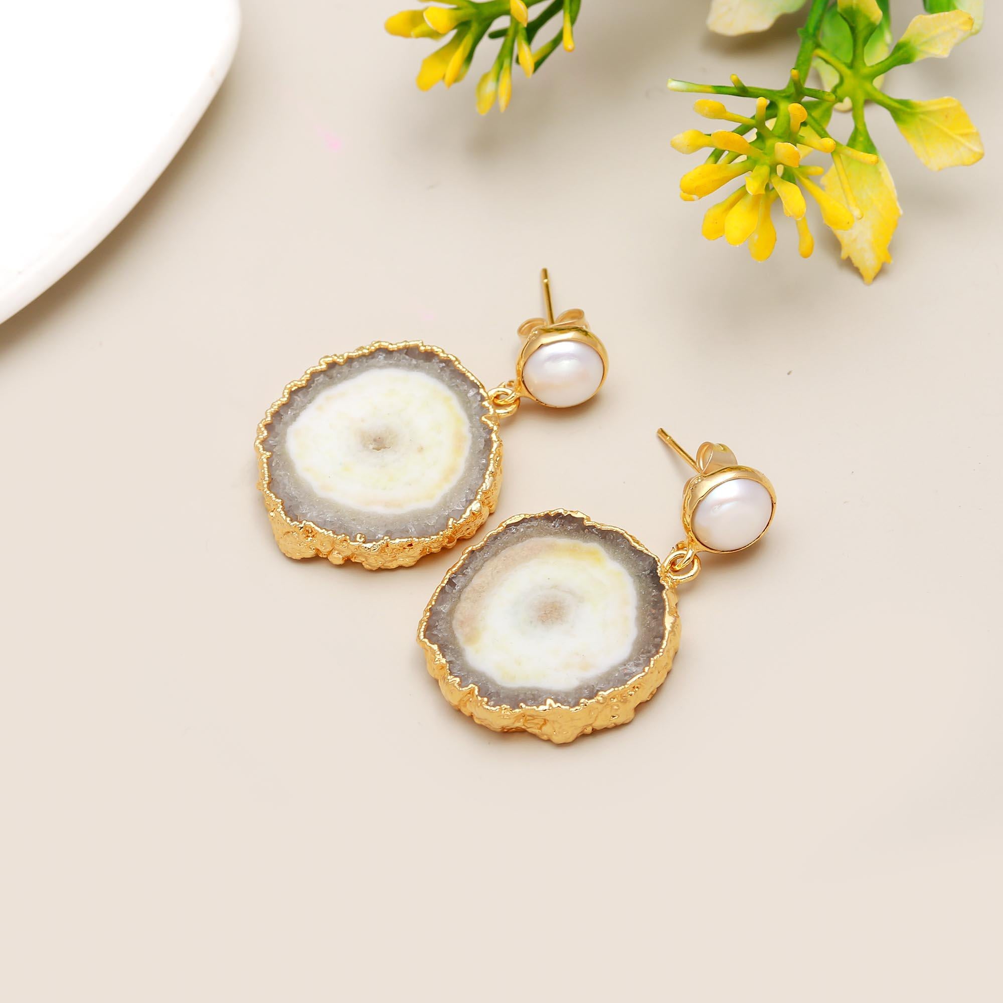 Tranquil Gem | Natural pearl & solar quartz drop earrings | 18KT gold plated