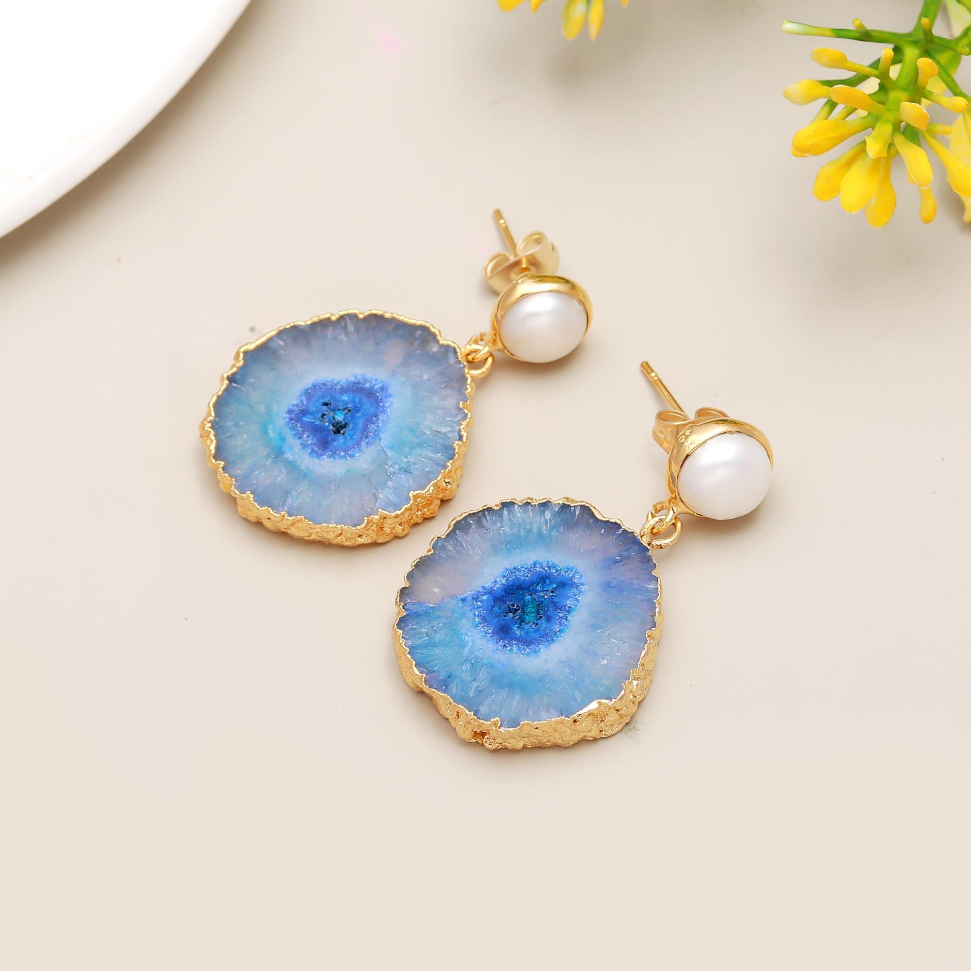 Tranquil Gem | Natural pearl & solar quartz drop earrings | 18KT gold plated