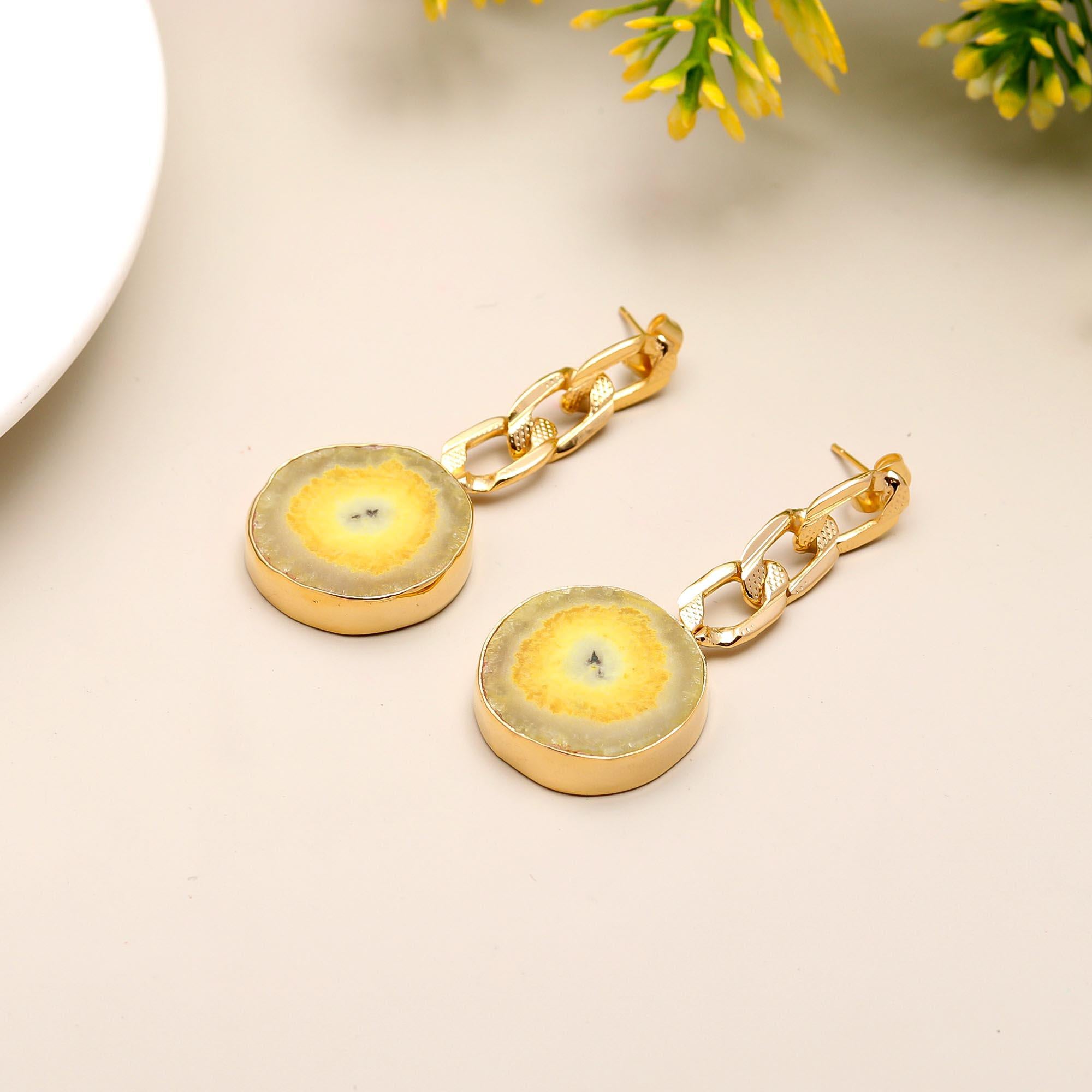 Majestic Sunset | Natural solar quartz with cubanlink chain drop earrings | 18KT gold plated